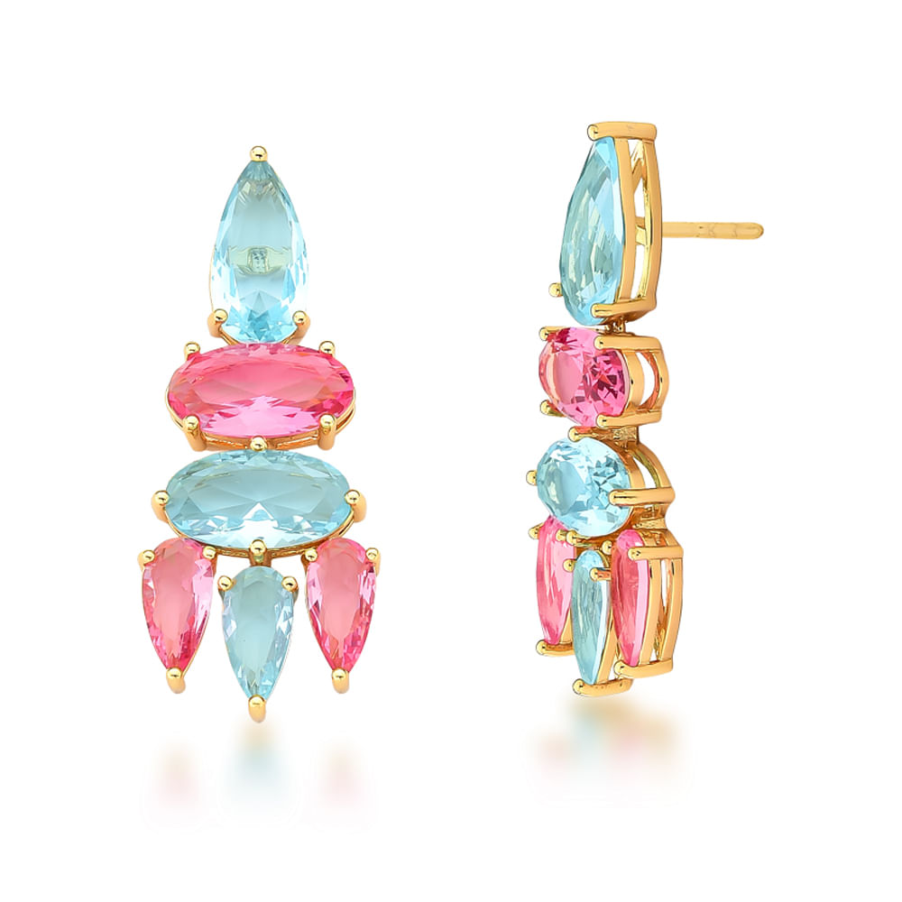 Brinco Longo Pedras Oval/ Gota Banho Ouro 18K Cristal Rosa Valverde ...