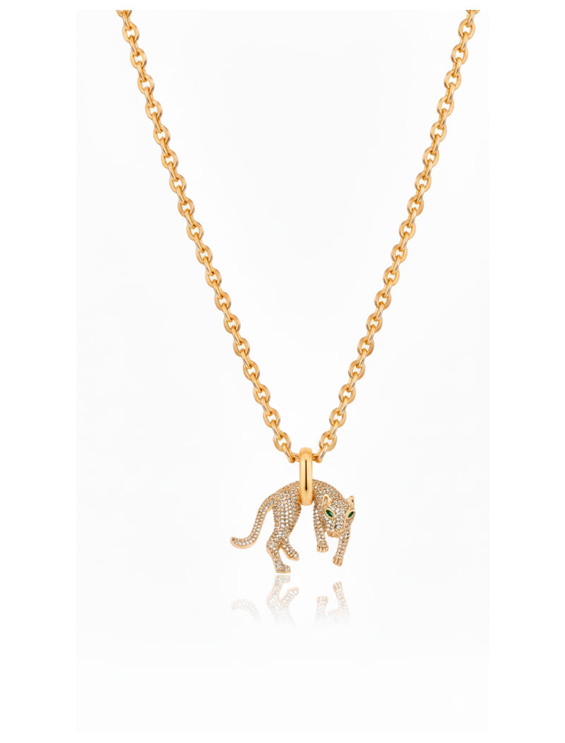 Colar Corrente Elos Pantera Cravejada Banho Ouro 18K